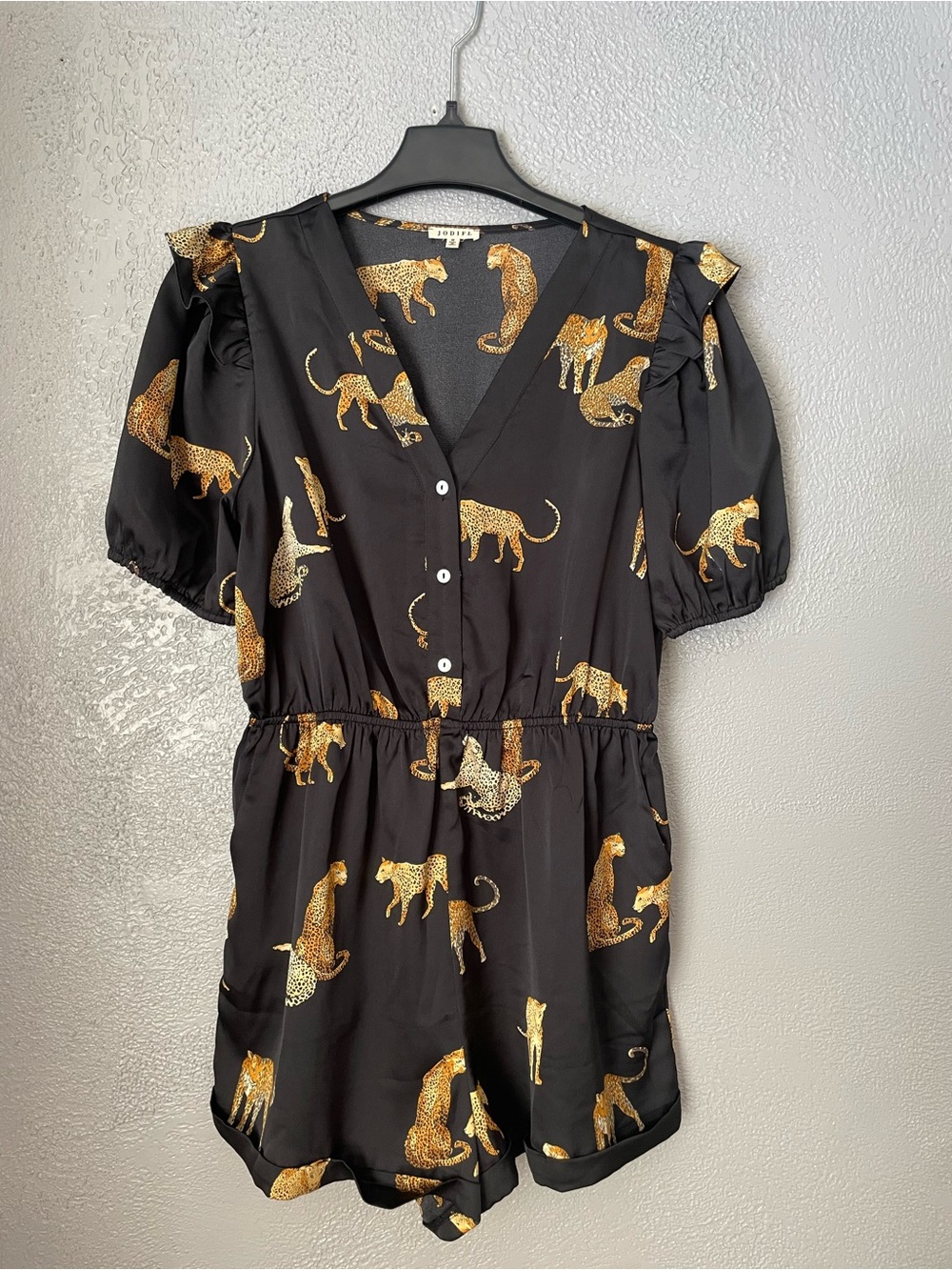 JODIFL Black Romper with Gold Leopard Print